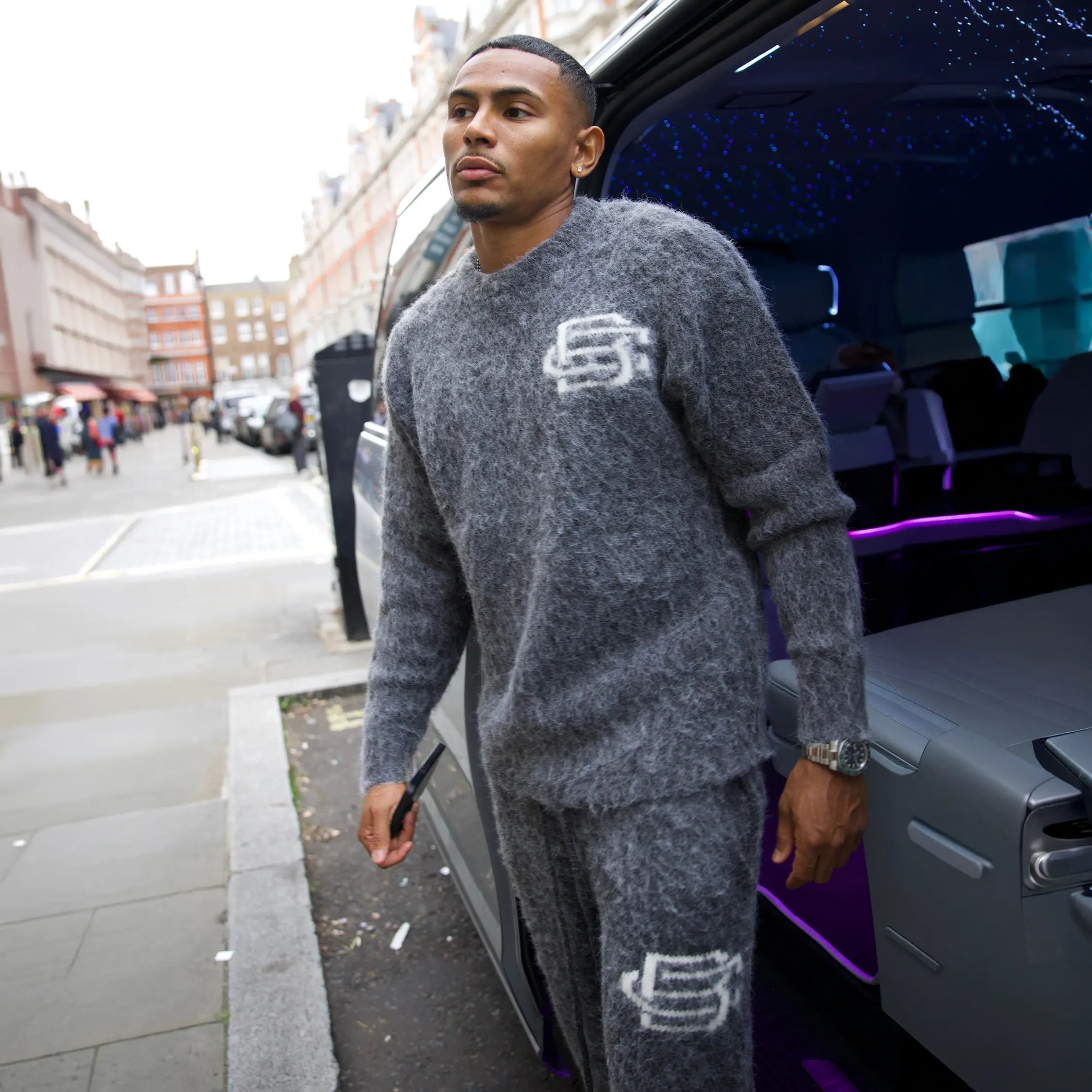 Front View of Bénir Clothing Mohair Knit BC Charcoal Sweatpants MOJOGCHAR